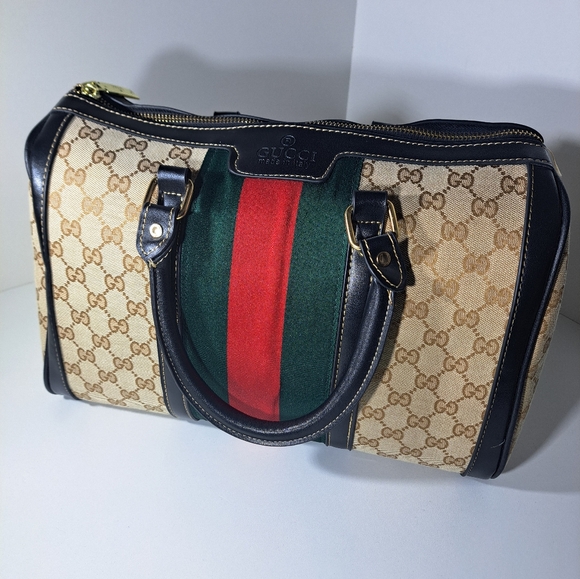 Luxury Beige Canvas Satchel with Green and Red Web Stripe. - Picture 3 of 9